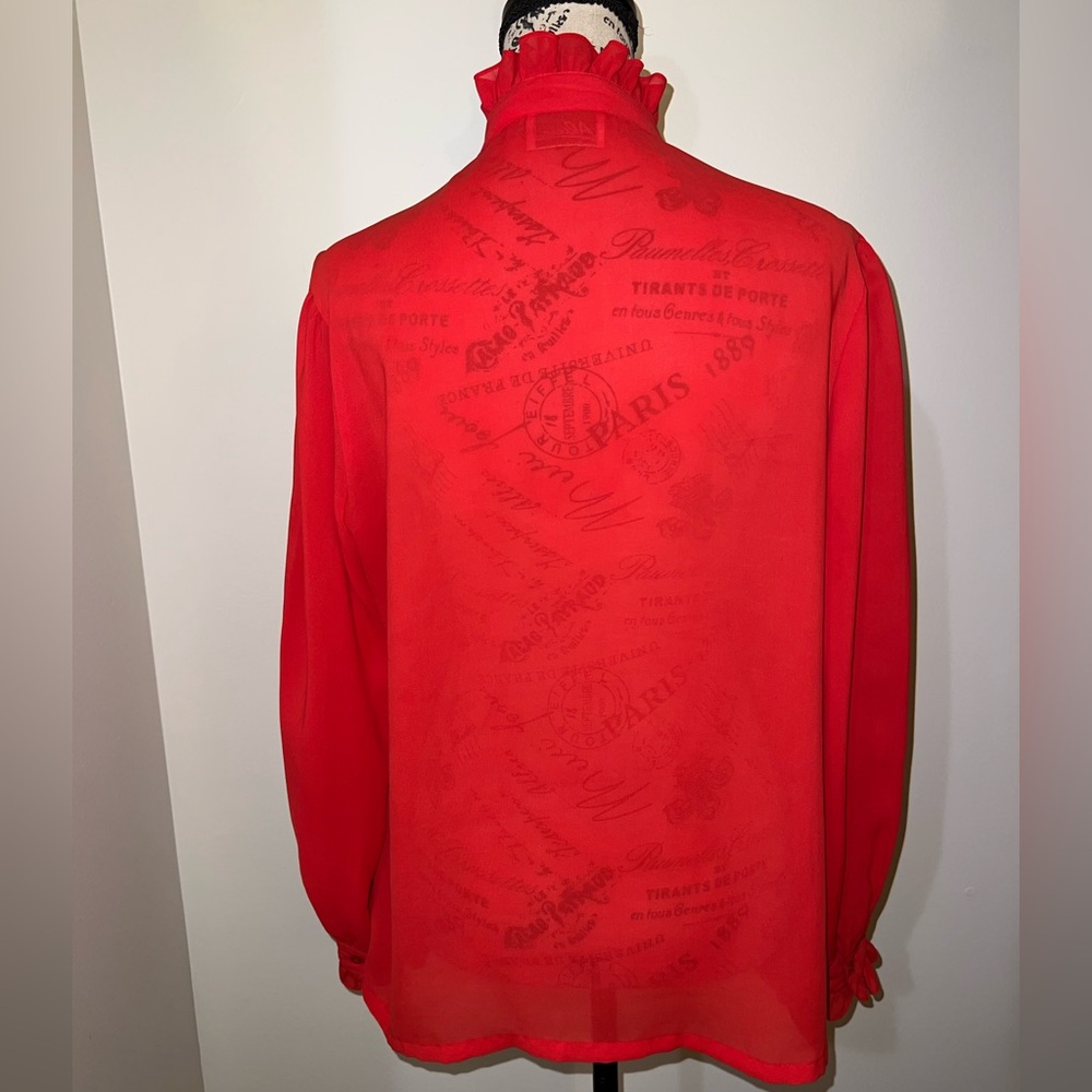 Alicia Vintage Red Ruffle High Neck Blouse Secretary Victorian Romantic Size 14 - Picture 5 of 11
